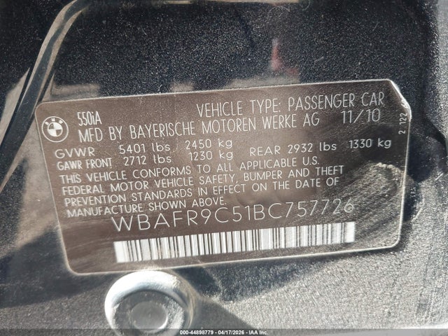 44898779 :رقم المزاد ، WBAFR9C51BC757726 vin ، 2011 Bmw 550i مزاد بيع
