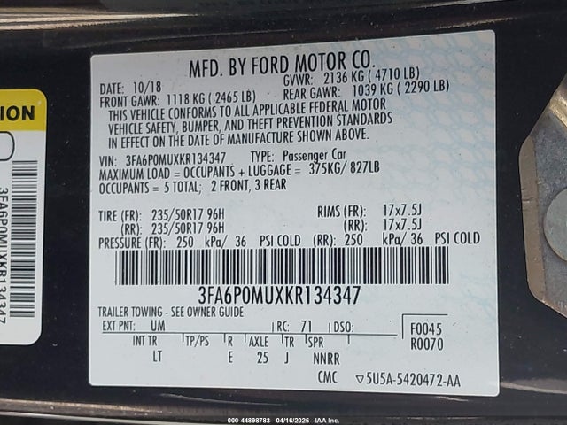 Продажа на аукционе авто 2019 Ford Fusion Hybrid Sel, vin: 3FA6P0MUXKR134347, номер лота: 44898783