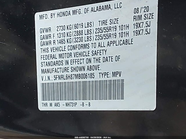 44898788 :رقم المزاد ، 5FNRL6H87MB006185 vin ، 2021 Honda Odyssey Touring مزاد بيع