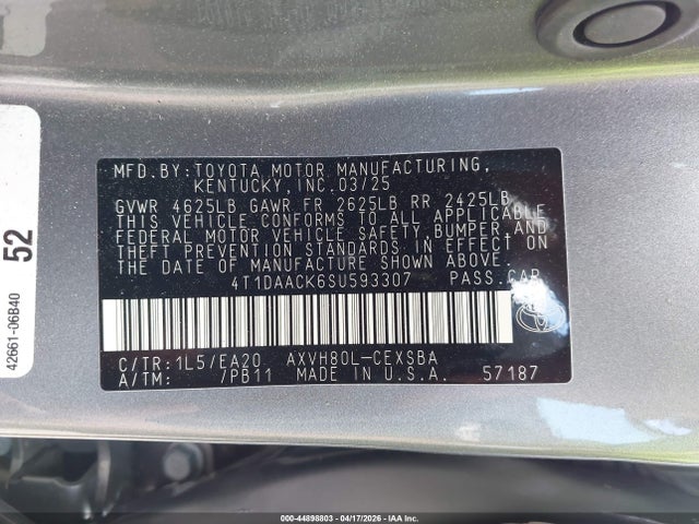 44898803 :رقم المزاد ، 4T1DAACK6SU593307 vin ، 2025 Toyota Camry Se مزاد بيع