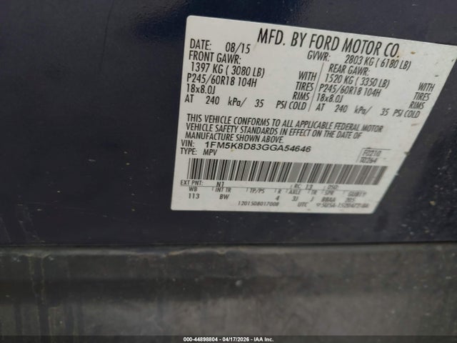 44898804 :رقم المزاد ، 1FM5K8D83GGA54646 vin ، 2016 Ford Explorer Xlt مزاد بيع