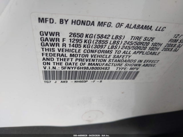 5FNYF6H98JB000483 Honda Pilot Touring