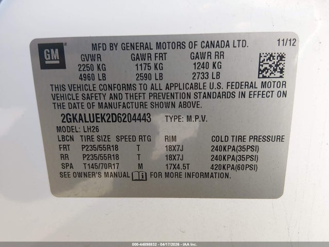 44898832 :رقم المزاد ، 2GKALUEK2D6204443 vin ، 2013 Gmc Terrain Slt-1 مزاد بيع