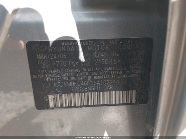 44898839 :رقم المزاد ، KMHFC46F66A102244 vin ، 2006 Hyundai Azera Limited/se مزاد بيع