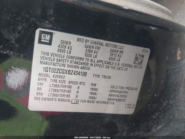44898850 :رقم المزاد ، 1GT02ZCGXBZ434108 vin ، 2011 Gmc Sierra 2500hd Work Truck مزاد بيع