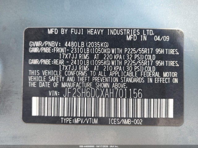 Продаж на аукціоні авто 2010 Subaru Forester 2.5x Limited, vin: JF2SH6DCXAH701156, номер лоту: 44898860