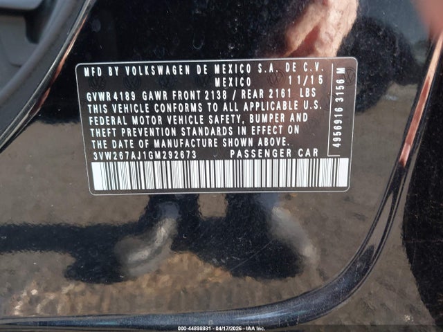 44898881 :رقم المزاد ، 3VW267AJ1GM292673 vin ، 2016 Volkswagen Jetta 1.4t S مزاد بيع