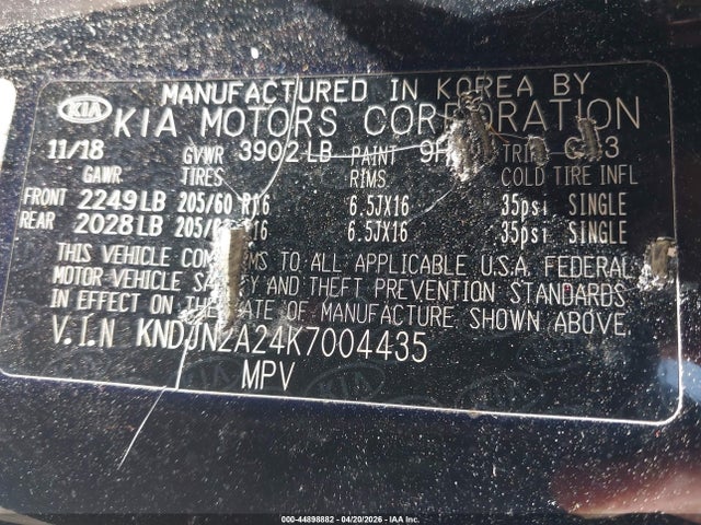 2019 Kia Soul მანქანა იყიდება აუქციონზე, vin: KNDJN2A24K7004435, აუქციონის ნომერი: 44898882