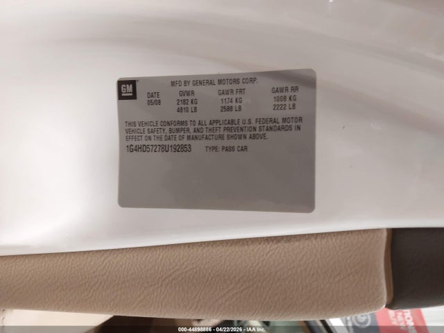 44898886 :رقم المزاد ، 1G4HD57278U192853 vin ، 2008 Buick Lucerne Cxl مزاد بيع