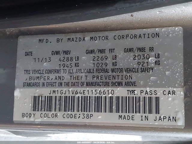Продажа на аукционе авто 2014 Mazda Mazda6 I Touring, vin: JM1GJ1V64E1156610, номер лота: 44898887
