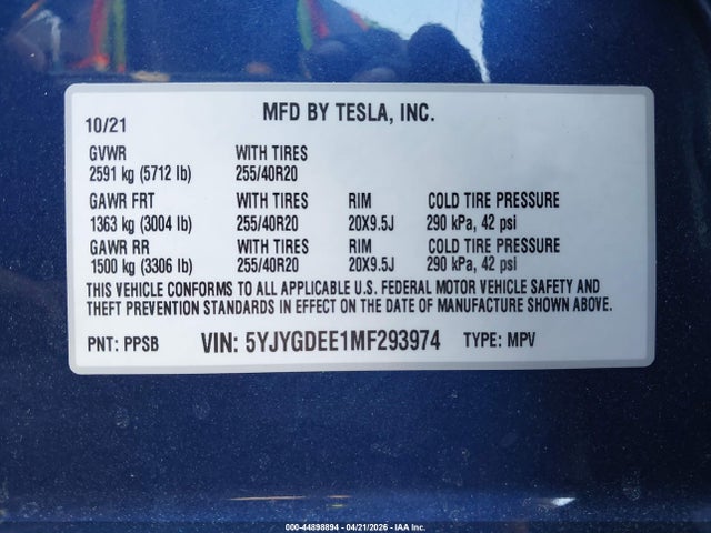 44898894 :رقم المزاد ، 5YJYGDEE1MF293974 vin ، 2021 Tesla Model Y Long Range Dual Motor All-wheel Drive مزاد بيع