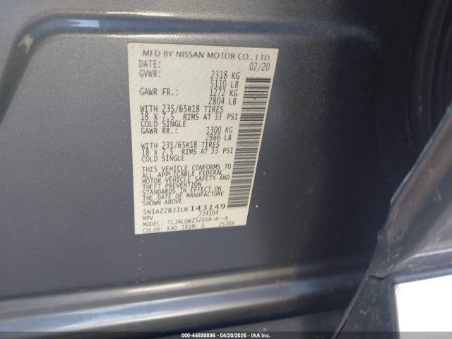 Продаж на аукціоні авто 2020 Nissan Murano Sv Fwd, vin: 5N1AZ2BJ3LN143149, номер лоту: 44898896