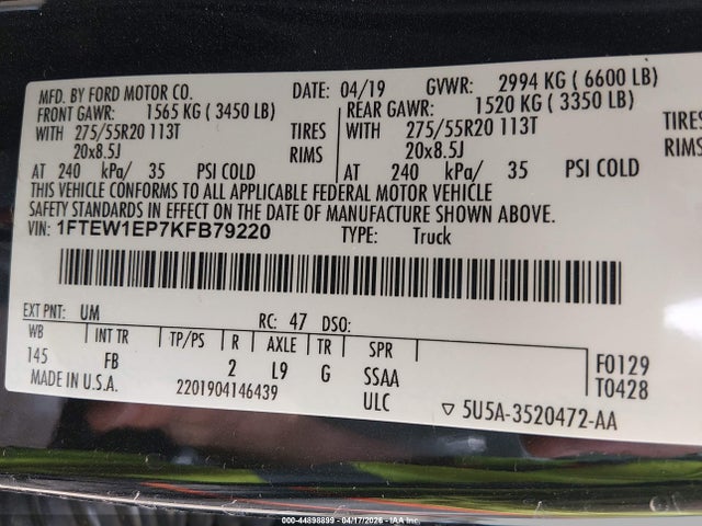 Aukcja sprzedaży 2019 Ford F-150 Xlt, vin: 1FTEW1EP7KFB79220, numer aukcji: 44898899