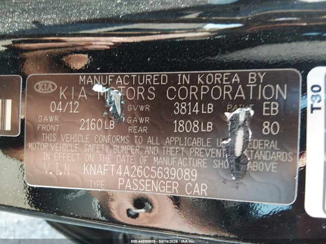 2012 Kia Forte Lx მანქანა იყიდება აუქციონზე, vin: KNAFT4A26C5639089, აუქციონის ნომერი: 44898905