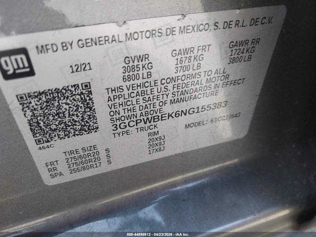 3GCPWBEK6NG155383 Chevrolet Silverado 1500 Ltd 2wd Short Bed Custom