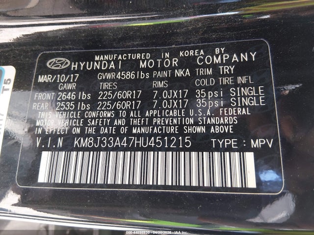 44898930 :رقم المزاد ، KM8J33A47HU451215 vin ، 2017 Hyundai Tucson Se مزاد بيع