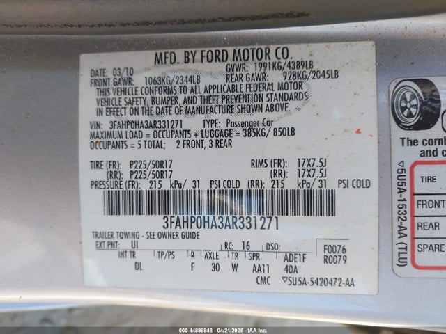 Aukcja sprzedaży 2010 Ford Fusion Se, vin: 3FAHP0HA3AR331271, numer aukcji: 44898948
