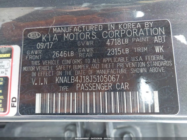 44898957 :رقم المزاد ، KNALB4J18J5105067 vin ، 2018 Kia Cadenza Premium مزاد بيع
