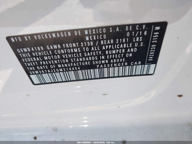 Продажа на аукционе авто 2016 Volkswagen Jetta 1.4t S, vin: 3VW267AJ2GM314454, номер лота: 44898961