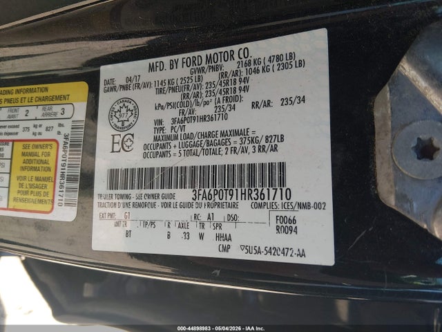 44898983 :رقم المزاد ، 3FA6P0T91HR361710 vin ، 2017 Ford Fusion Se مزاد بيع