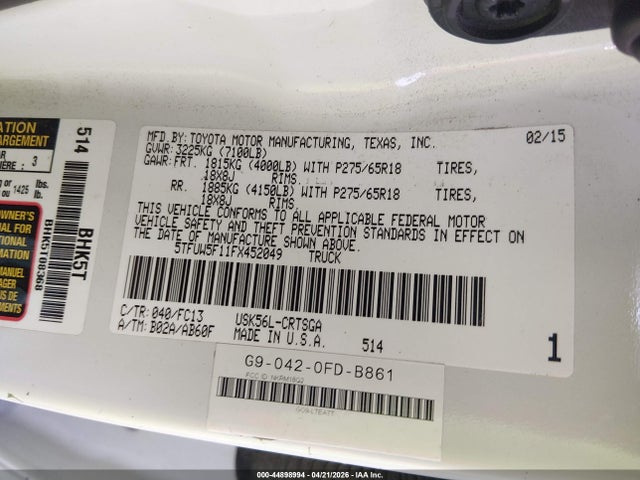 Aukcja sprzedaży 2015 Toyota Tundra Sr5 5.7l V8, vin: 5TFUW5F11FX452049, numer aukcji: 44898994