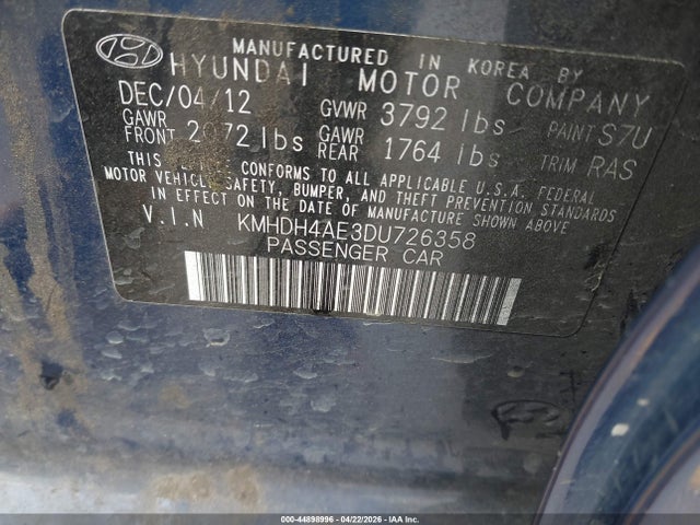 Aukcja sprzedaży 2013 Hyundai Elantra Gls, vin: KMHDH4AE3DU726358, numer aukcji: 44898996