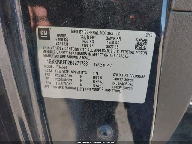 Aukcja sprzedaży 2011 Gmc Acadia Slt-1, vin: 1GKKRRED2BJ271738, numer aukcji: 44899005
