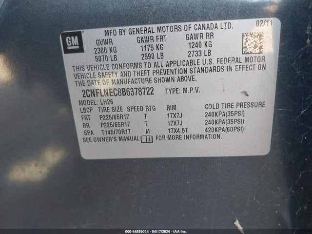 2011 Chevrolet Equinox 2lt მანქანა იყიდება აუქციონზე, vin: 2CNFLNEC8B6378722, აუქციონის ნომერი: 44899034