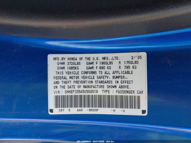 Продажа на аукционе авто 2005 Honda Civic Si, vin: SHHEP33545U504519, номер лота: 44899041