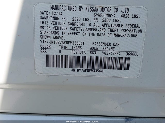 44899045 :رقم المزاد ، JN1BV7AP8FM335641 vin ، 2015 Infiniti Q50 Premium مزاد بيع