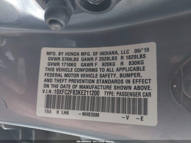 2019 Honda Civic Sport მანქანა იყიდება აუქციონზე, vin: 19XFC2F83KE211200, აუქციონის ნომერი: 44899050