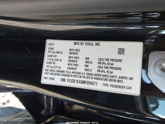 2021 Tesla Model 3 Standard Range Plus Rear-wheel Drive მანქანა იყიდება აუქციონზე, vin: 5YJ3E1EA9MF094571, აუქციონის ნომერი: 44899056