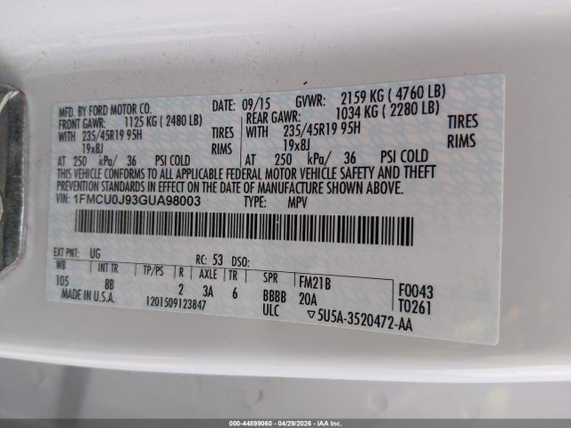 2016 Ford Escape Titanium მანქანა იყიდება აუქციონზე, vin: 1FMCU0J93GUA98003, აუქციონის ნომერი: 44899060
