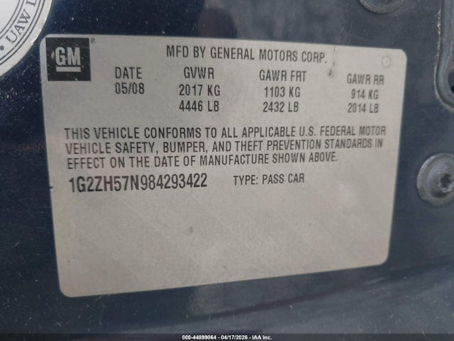 2008 Pontiac G6 Gt მანქანა იყიდება აუქციონზე, vin: 1G2ZH57N984293422, აუქციონის ნომერი: 44899064