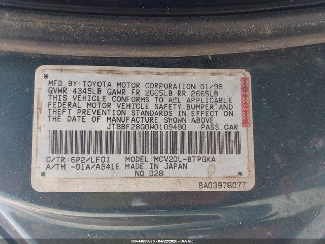 Aukcja sprzedaży 1998 Lexus Es 300, vin: JT8BF28G0W0109490, numer aukcji: 44899070