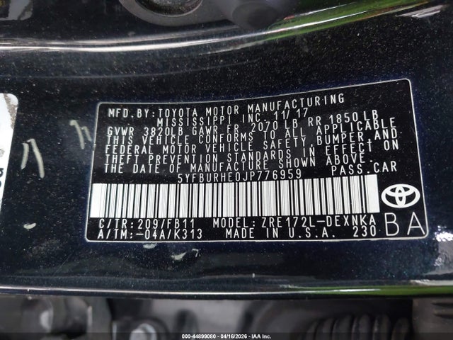 5YFBURHE0JP776959 Toyota COROLLA LE