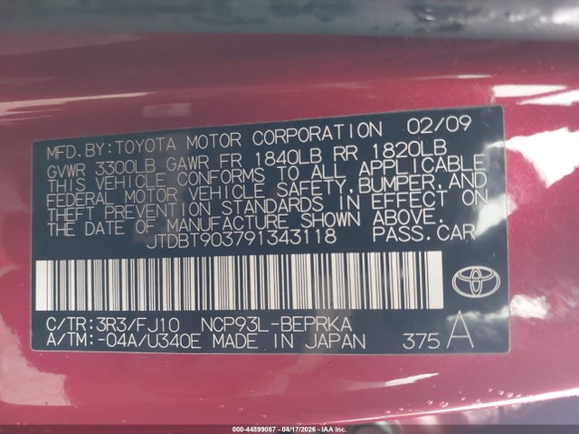 2009 TOYOTA YARIS JTDBT903791343118 Photo 8