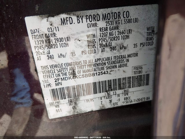 Продажа на аукционе авто 2011 Ford Edge Limited, vin: 2FMDK4KC5BBB12543, номер лота: 44899092