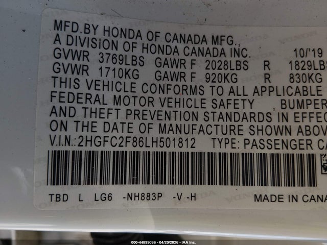 Aukcja sprzedaży 2020 Honda Civic Sport, vin: 2HGFC2F86LH501812, numer aukcji: 44899096