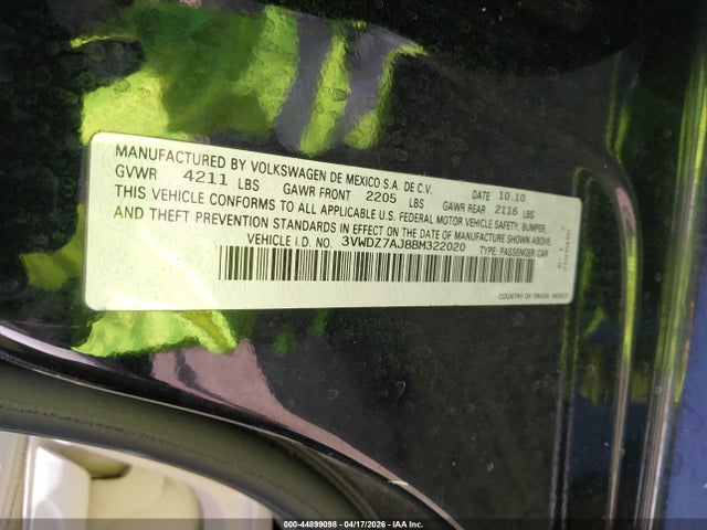 Продаж на аукціоні авто 2011 Volkswagen Jetta 2.5l Se, vin: 3VWDZ7AJ8BM322020, номер лоту: 44899098