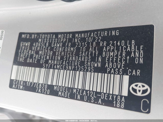 Aukcja sprzedaży 2022 Toyota Corolla Xse, vin: 5YFT4MCE9NP135295, numer aukcji: 44899108