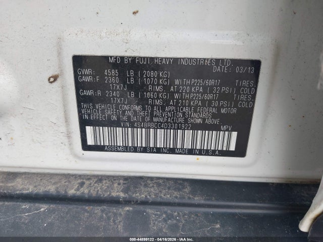 Продажа на аукционе авто 2013 Subaru Outback 2.5i Premium, vin: 4S4BRBCC4D3301922, номер лота: 44899122