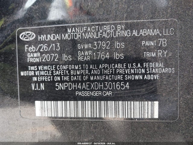 Aukcja sprzedaży 2013 Hyundai Elantra Limited, vin: 5NPDH4AEXDH301654, numer aukcji: 44899127