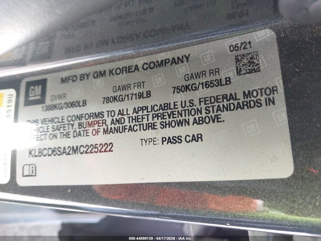 2021 Chevrolet Spark Fwd 1lt Automatic მანქანა იყიდება აუქციონზე, vin: KL8CD6SA2MC225222, აუქციონის ნომერი: 44899139