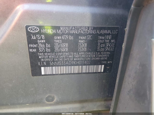 Aukcja sprzedaży 2019 Hyundai Santa Fe Sel Plus, vin: 5NMS33AD9KH013402, numer aukcji: 44899140