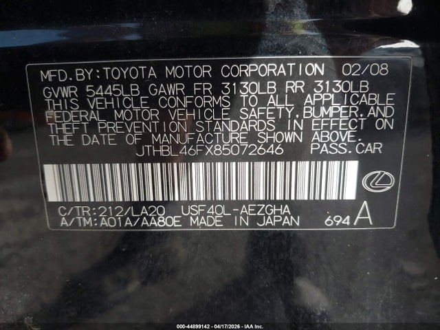 Продаж на аукціоні авто 2008 Lexus Ls 460, vin: JTHBL46FX85072646, номер лоту: 44899142