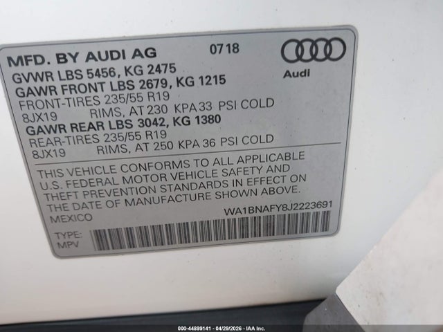 Aukcja sprzedaży 2018 Audi Q5 2.0t Premium/2.0t Tech Premium, vin: WA1BNAFY8J2223691, numer aukcji: 44899141
