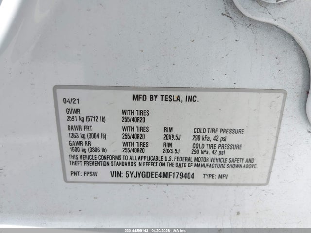 44899143 :رقم المزاد ، 5YJYGDEE4MF179404 vin ، 2021 Tesla Model Y Long Range Dual Motor All-wheel Drive مزاد بيع