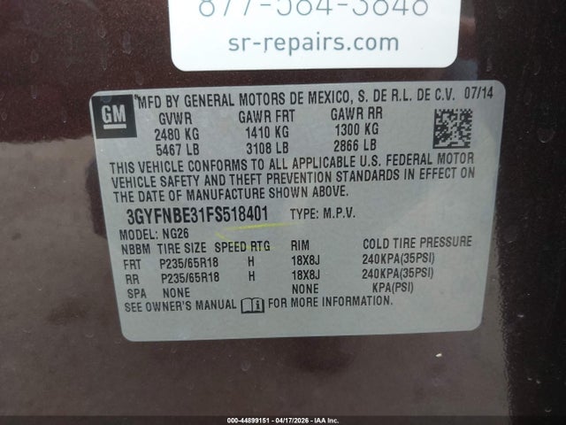 Продаж на аукціоні авто 2015 Cadillac Srx Luxury Collection, vin: 3GYFNBE31FS518401, номер лоту: 44899151