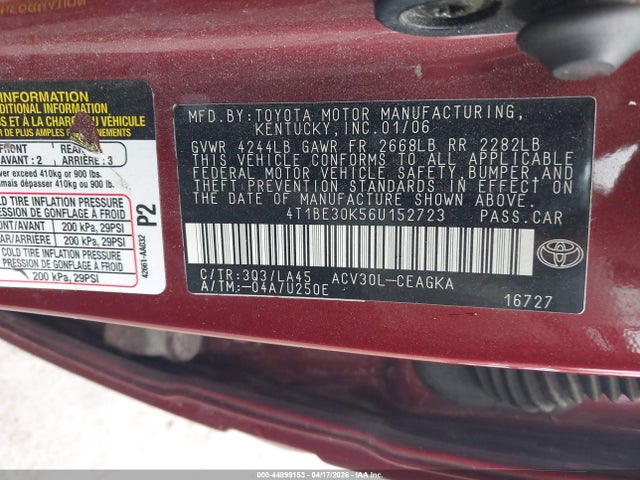 2006 Toyota Camry Xle მანქანა იყიდება აუქციონზე, vin: 4T1BE30K56U152723, აუქციონის ნომერი: 44899153
